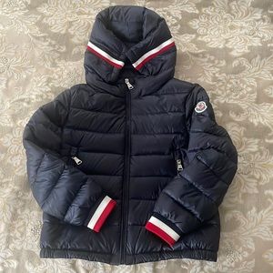 Moncler Kids Puffer Jacket in Navy with Red and White Trim